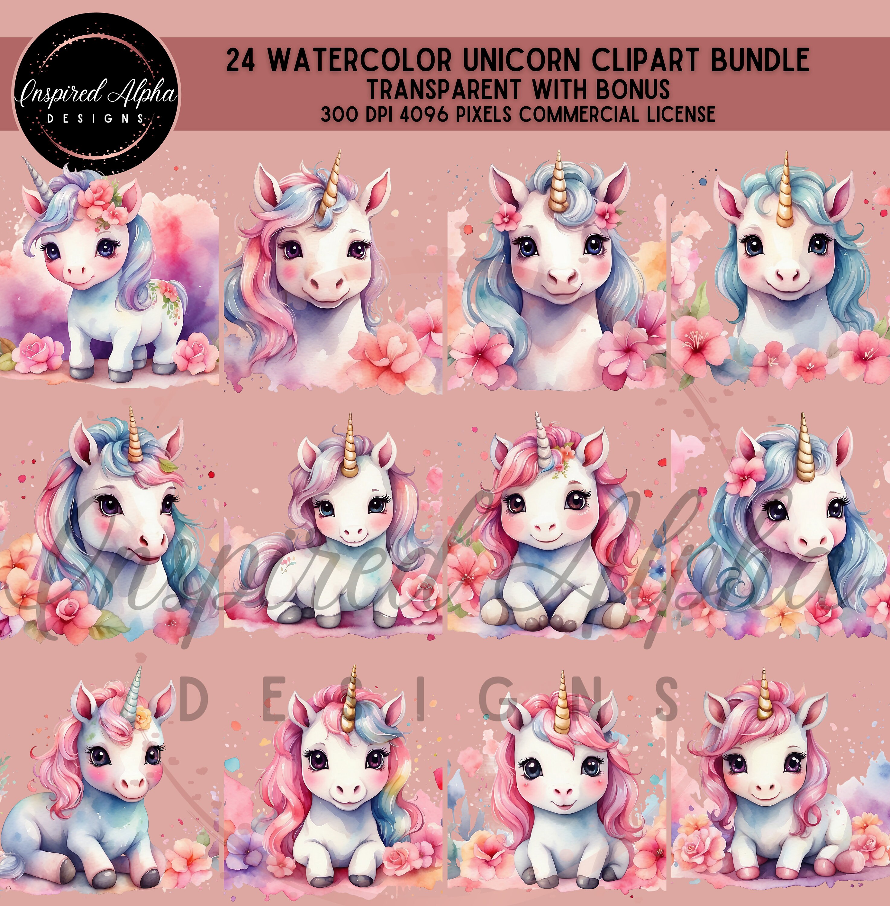 Watercolor Unicorn Clipart Bundle - 24 Designs, Commercial Use, Instant ...
