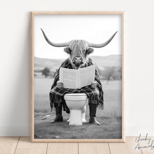 Highland Cow Sitting on the Toilet Reading a Newspaper, Funny Bathroom Wall Decor, Funny Animal Print, Home Printables, AI Digital Art