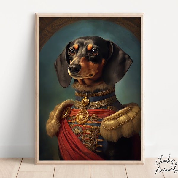 Aristocratic Dachshund, Funny Dog Wall Art, Renaissance Painting, Dog Portrait Print, Quirky Animal Art, Home Printables, AI Digital Art