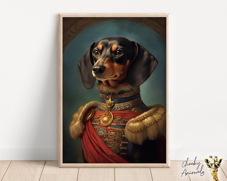 Aristocratic Dachshund, Funny Dog Wall Art, Renaissance Painting, Dog Portrait Print, Quirky Animal Art, Home Printables, AI Digital Art image 1
