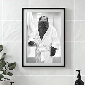 Walrus Wearing a Bathrobe, Funny Bathroom Wall Art, Cute Laundry Room Decor, Retro Animals in Bathroom, Cute Walrus Print, Printable AI Art