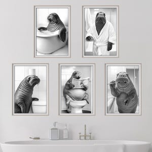 Walrus Wall Art Bundle of 5, Funny Bathroom Decor, Cute Animal Prints, Walrus on Toilet, in Bath, Bathrobe, Brushing Teeth, Printable AI Art