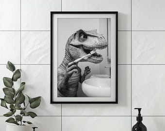 おもしろいT-Rexの歯磨きプリント：レトロな恐竜バスルームアート