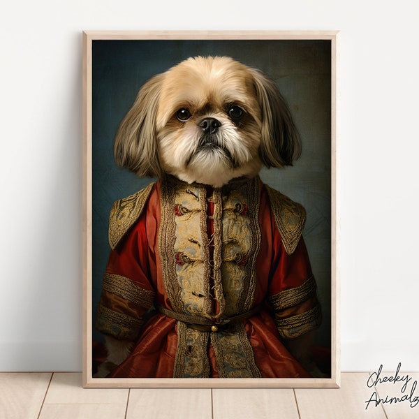 Aristocratic Shih Tzu, Funny Dog Wall Art, Renaissance Painting, Dog Portrait Print, Quirky Animals, Home Decor, Printables, AI Digital Art