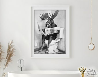 Funny Moose Bathroom Print: Animals on Toilet Wall Art (Digital Download)