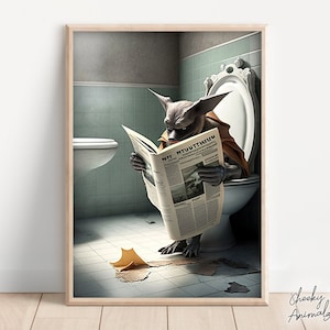 Bat Sitting on the Toilet Reading a Newspaper, Funny Bathroom Humor, Wall Decor, Funny Animal Print, Home Printables, AI Digital Prints