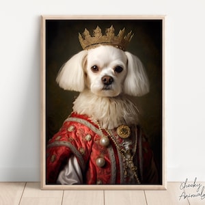 Aristocratic Maltese Dog, Funny Dog Wall Art, Renaissance Painting, Dog Portrait Print, Quirky Animals, Home Decor, Printables, AI Art