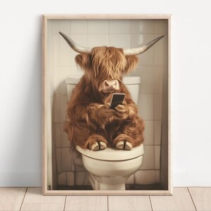 Funny Highland Cow Bathroom Art: Vintage Toilet Humor Print (Digital Download) image 3