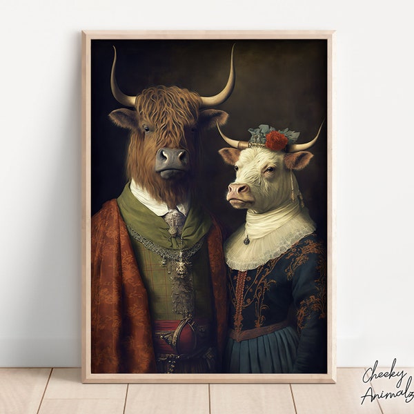 Couple de vache Highland aristocratique, art animalier drôle, peinture de la Renaissance, M. et Mme vache, son et le sien, décor de chambre à coucher, imprimables, créé par l'IA