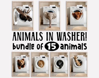 May include: A set of 15 printable images featuring different animals peeking out of a white washing machine. The images are perfect for creating a fun and whimsical nursery or kids' room decor.