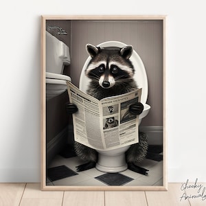 Raccoon Sitting on the Toilet Reading a Newspaper, Funny Bathroom Humor, Wall Decor, Funny Animal Print, Home Printables, AI Digital Art