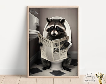 Grappige wasbeer badkamerprint: dieren op toiletmuurkunst (digitale kunst)
