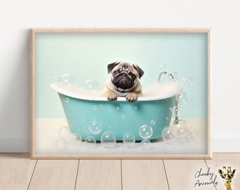 Pug Pup in the Bathtub, Cute Dog Photograph, Pug in Bubble Bath, Funny Animal Prints, Funny Bathroom Wall Art, Printables, AI Art