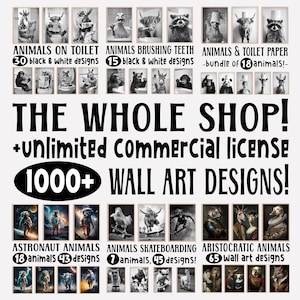 ショップ全体のメガバンドル、1000以上のデザイン、面白い動物の壁アート、面白いバスルームプリント、かわいい動物のビンテージスタイルの写真、印刷可能なAIアート