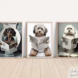 Dogs Sitting on the Toilet Reading a Newspaper, Bundle of 3, Funny Bathroom Wall Print, Dachshund, Havanese, Maltese Dog, Printables, AI Art