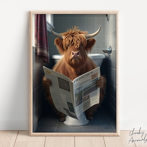 Highland Cow Sitting on the Toilet Reading a Newspaper, Funny Bathroom Wall Decor, Funny Animal Print, Home Printables, AI Digital Art