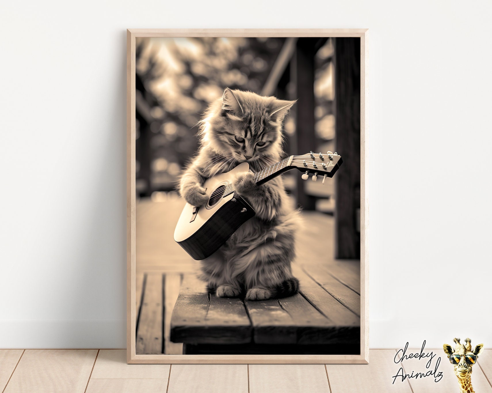 Funny Cat Playing Guitar Print: Vintage Style Animal Photograph