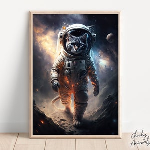 Astronauten Katze, lustiges Tier im Weltraum Druck, Katze im Raumanzug, lustige Katzenkunst, schrullige Tierstimmung, Printables, AI Digital Art