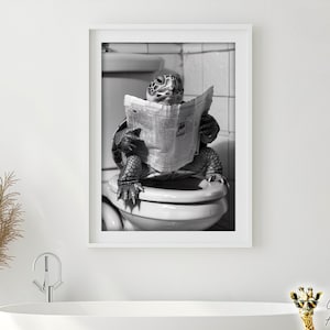 Turtle Sitting on the Toilet Reading a Newspaper, Funny Bathroom Wall Art, Funny Vintage Style Animal Photo, Animal Print, Printable AI Art