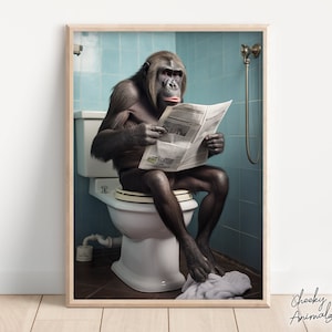 Bonobo Ape Sitting on the Toilet Reading a Newspaper, Funny Bathroom Wall Art, Funny Monkey Print, Funny Animal Photo, Printables, AI Art