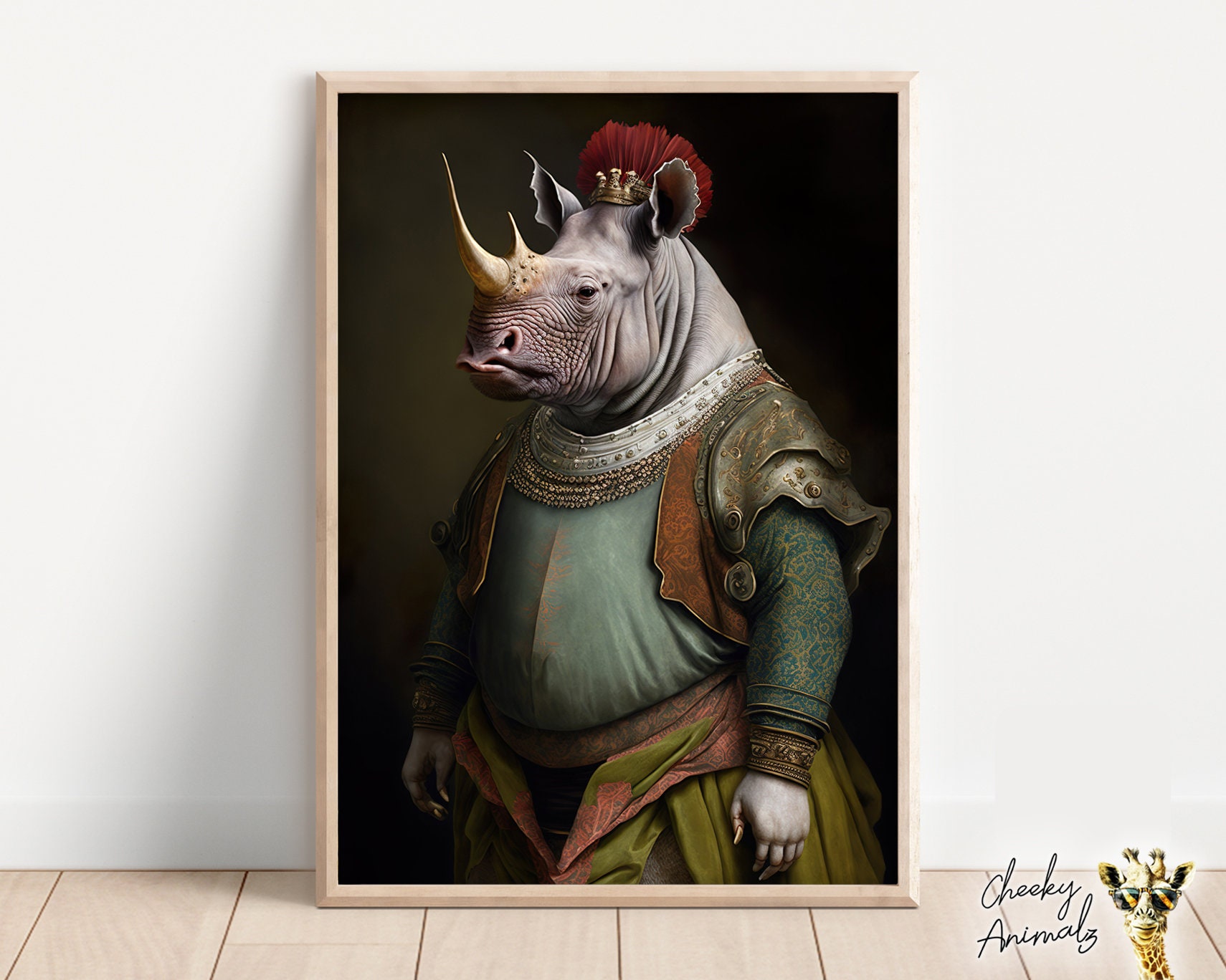 Aristocratic Rhino, Funny Animal Wall Decor, Renaissance Painting, Rhino Portrait, Quirky Animal Art, Home Decor, Printables, AI Digital Art