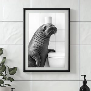 Walrus with a Toilet Paper Roll on Head, Funny Bathroom Wall Art, Laundry Room Decor, Cute Walrus, Animal Humor Print, Printable AI Art