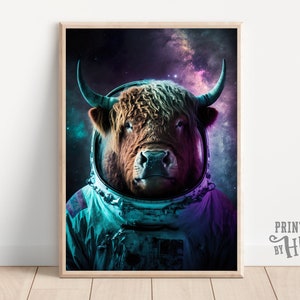 Highland Cow in a Spacesuit, Animal in Space Portrait, Animal Humor, Funny Wall Decor, Quirky Altered Art, Home Printables, AI Digital Art