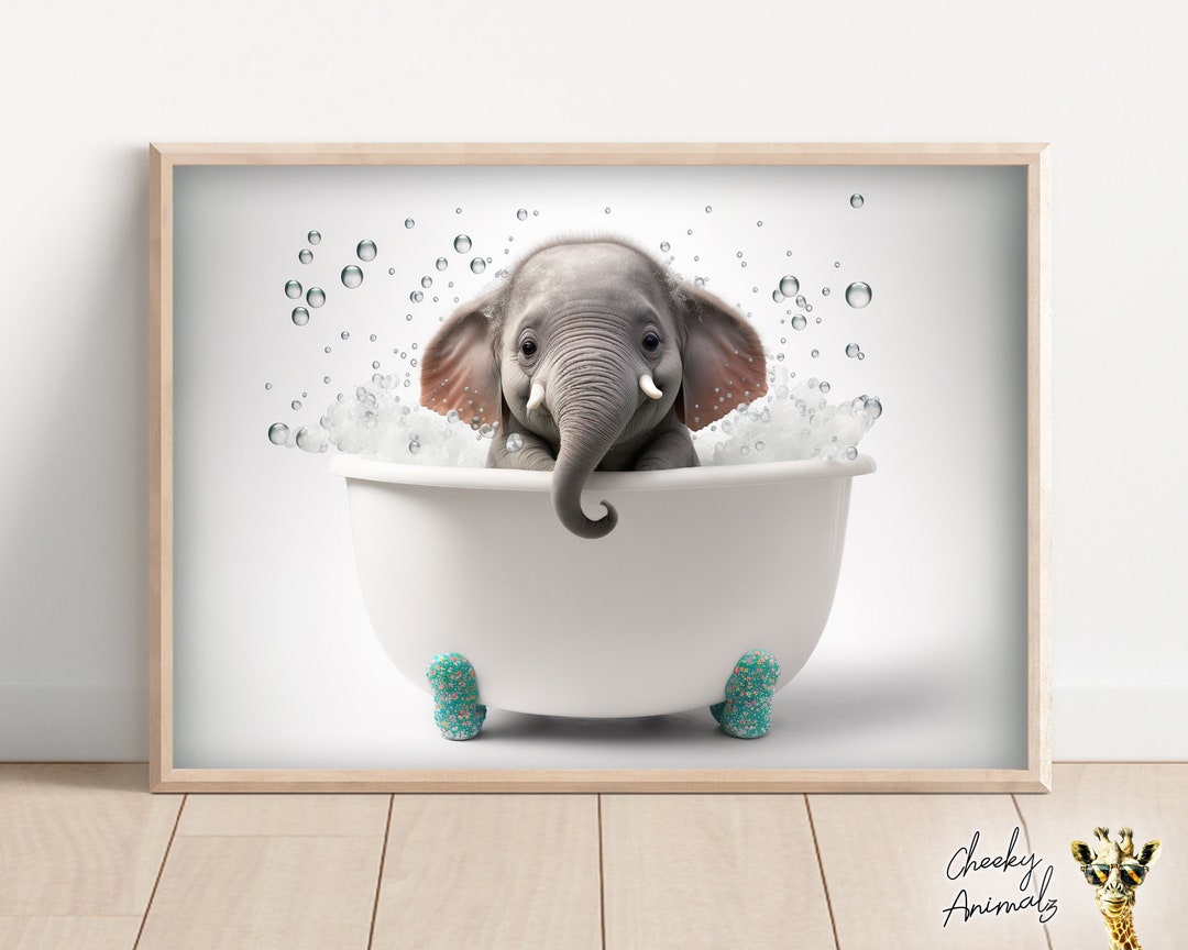 Cute Baby Elephant in the Bathtub, Funny Animal Wall Art, Bathroom Wall