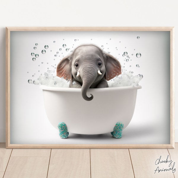 Cute Baby Elephant in the Bathtub, Funny Animal Wall Art, Bathroom Wall Print, Elephant Art Photo, Printable Home Decor, AI Digital Prints