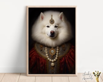 Aristocratic Samoyed, Funny Dog Wall Art, Renaissance Painting, Dog Portrait Print, Quirky Animals, Home Decor, Printables, AI Digital Art