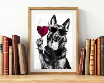 German Shepherd Drinking Wine Art Print: Funny Dog Lover Gift (Digital Download)
