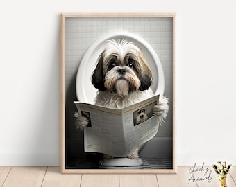 May include: A white and brown Shih Tzu dog sits on a white toilet bowl and reads a newspaper. The dog has a serious expression. The background is a white tiled wall.