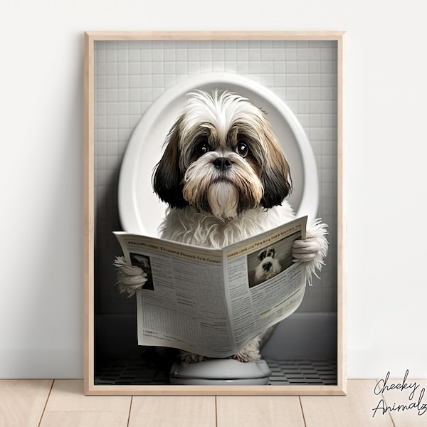 Shih Tzu Sitting on the Toilet Reading a Newspaper, Funny Bathroom Wall Art, Funny Dog Photo, Animal Prints, Home Printables, AI Digital Art