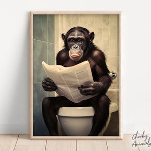 Bonobo Ape Sitting on the Toilet Reading a Newspaper, Funny Bathroom Wall Art, Funny Monkey Print, Funny Animal Photo, Printables, AI Art