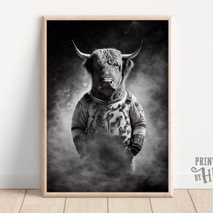 Highland Cow in a Spacesuit, Animal in Space Portrait, Animal Humor, Funny Wall Decor, Quirky Altered Art, Home Printables, AI Digital Art