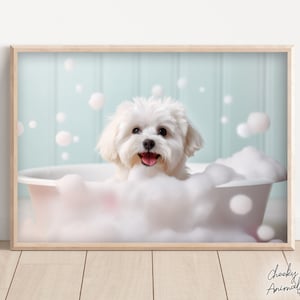 Maltese Dog Pup in the Bathtub, Cute Dog Photograph, Maltese in Bubble Bath, Funny Animal Print, Funny Bathroom Wall Art, Printables, AI Art
