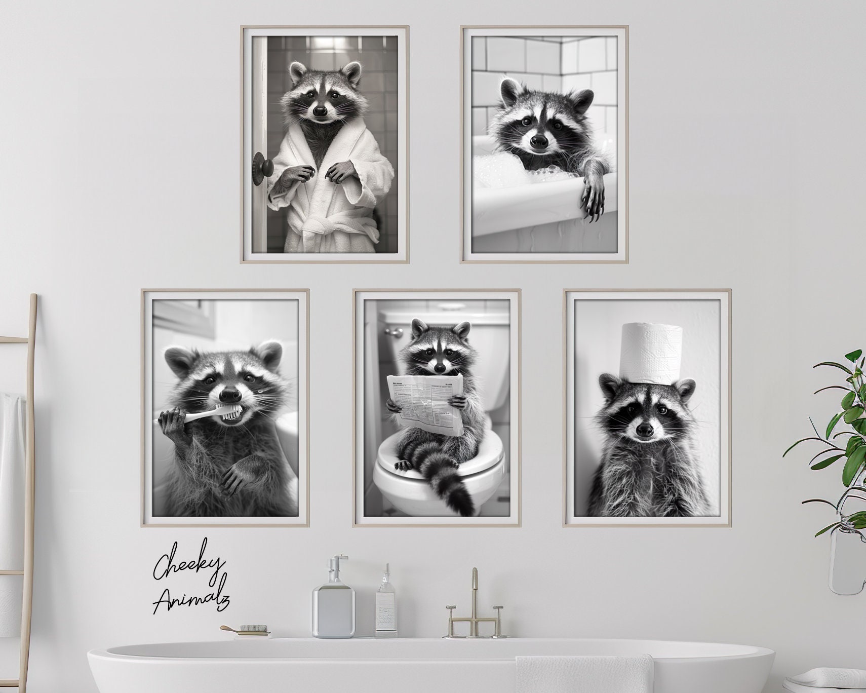 Funny Raccoon Wall Art Bundle of 5, Animal Bathroom Photo Print Set, Raccoon on Toilet, Bath, Bathrobe, Brushing Teeth, Printable AI Art