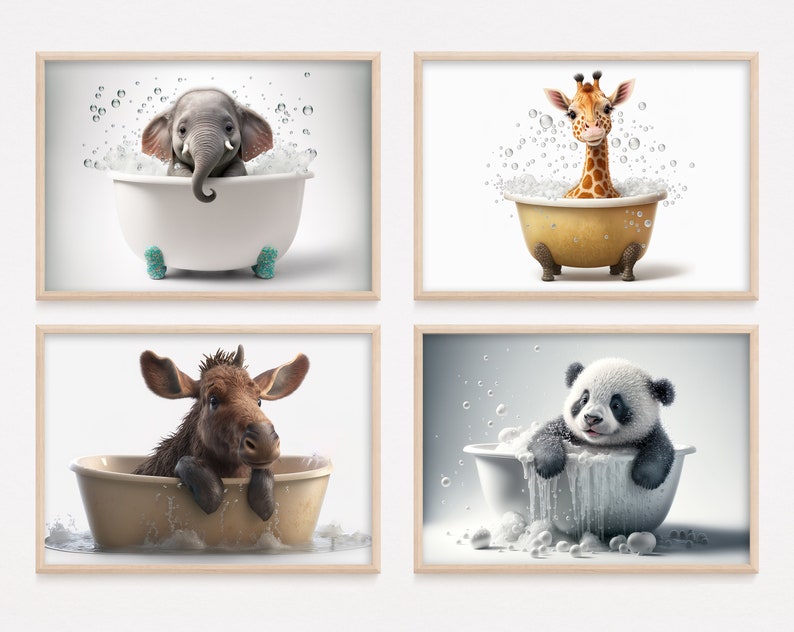 Baby Animals in Bathtub Art Prints: Elephant, Giraffe, Moose, Panda ...
