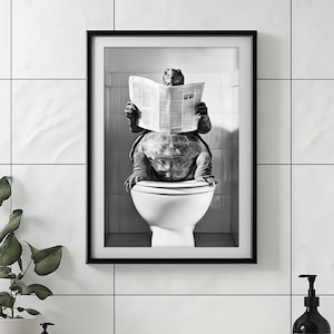 Turtle Sitting on the Toilet Reading a Newspaper, Funny Bathroom Wall Art, Retro Animals, Toilet Humor Print, Cute Turtle, Printable AI Art