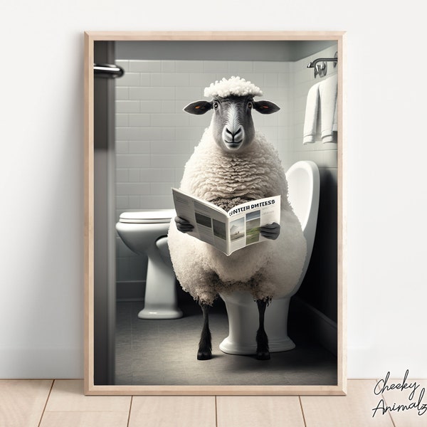 Sheep Sitting on the Toilet Reading a Newspaper, Funny Bathroom Humor, Wall Decor, Funny Animal Print, Home Printables, AI Digital Prints