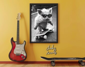 Funny Pig Skateboarding Art Print: Animal Wall Decor (Digital Download)