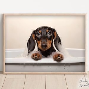 Dachshund Pup in the Bathtub, Cute Dog Photograph, Dachshund in Bubble Bath, Funny Animal Print, Funny Bathroom Wall Art, Printables, AI Art