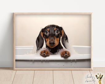 Dachshund in Bubble Bath Art Print: Funny Bathroom Decor (Digital Download)