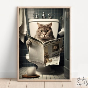 Cat Sitting on the Toilet Reading a Newspaper, Funny Bathroom Humor, Wall Decor, Funny Animal Print, Home Printables, AI Digital Prints