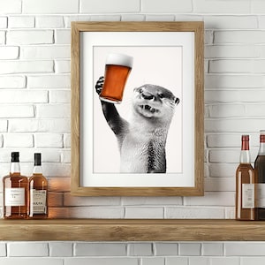 Otter Drinking Beer, Funny Kitchen Wall Art, Home Bar Decor, Funny Animal Alcohol Humor, Funny Beer Lover Art, Otter Print, Printable AI Art