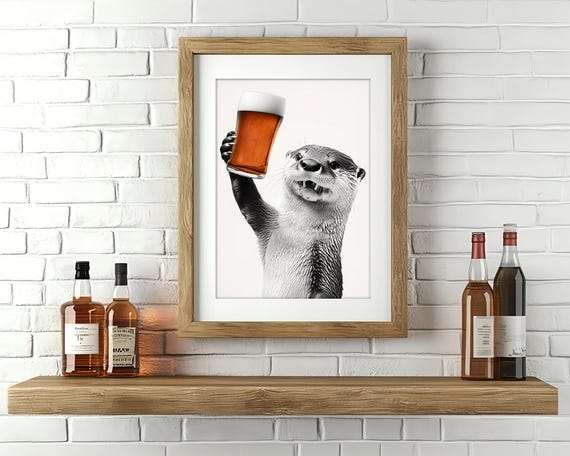 ビールを飲む面白いカワウソのプリント：AIホームバーアート（デジタル
