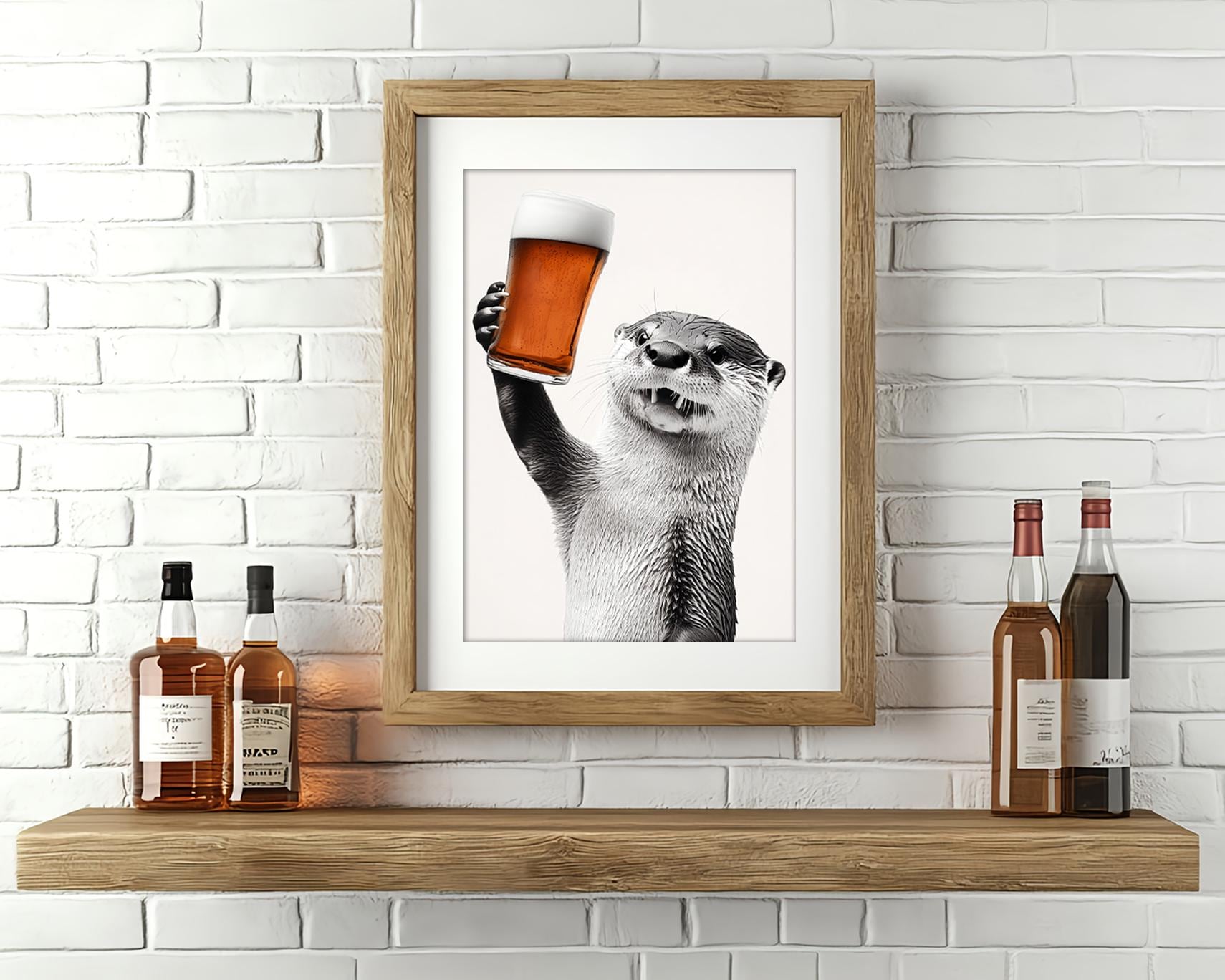 ビールを飲む面白いカワウソのプリント：AIホームバーアート（デジタル