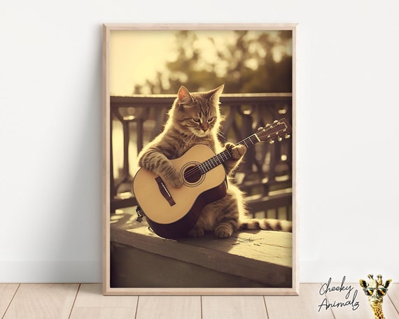 Funny Cat Playing Guitar Vintage Print: Retro Animal AI Art