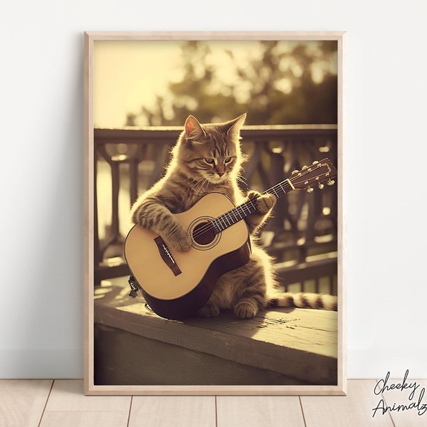 Cat Playing Guitar, Funny Vintage Animal Print, Cat Photograph, Retro Cat Humor, Vintage Wall Art, Home Decor, Printables, AI Art