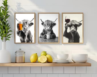 Funny Kitchen Wall Art Bundle, Highland Cow Drinking Beer, Red Wine and Coffee, Home Bar Decor, Cute Kitchen Animal Print, Printable AI Art